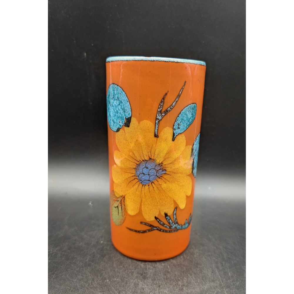Vintage Italian Pottery Orange Sunflower Cylinder Vase Mid Century Modern Italy